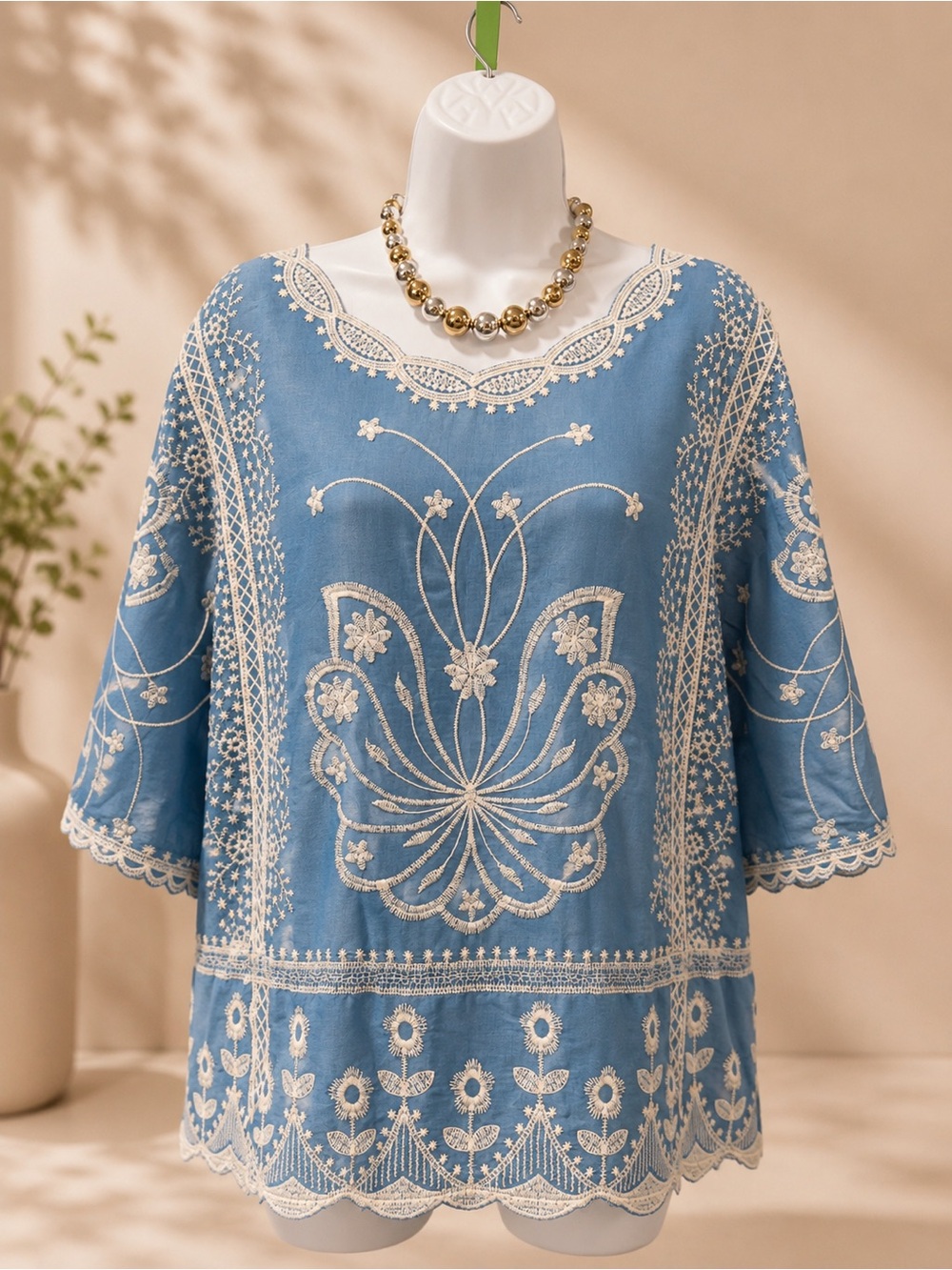 Embroidered Boho Relaxed Fit Top in Dusty Blue